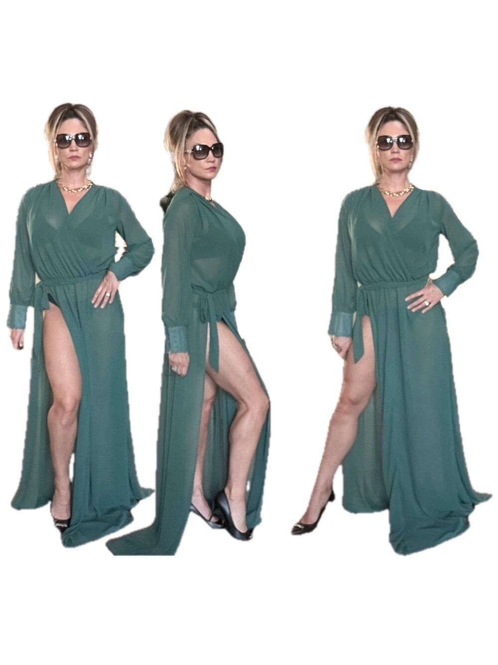 Miss Ord Surplice Neck Belted Split Thigh Gold Maxi Dress dark green Sz M NWT